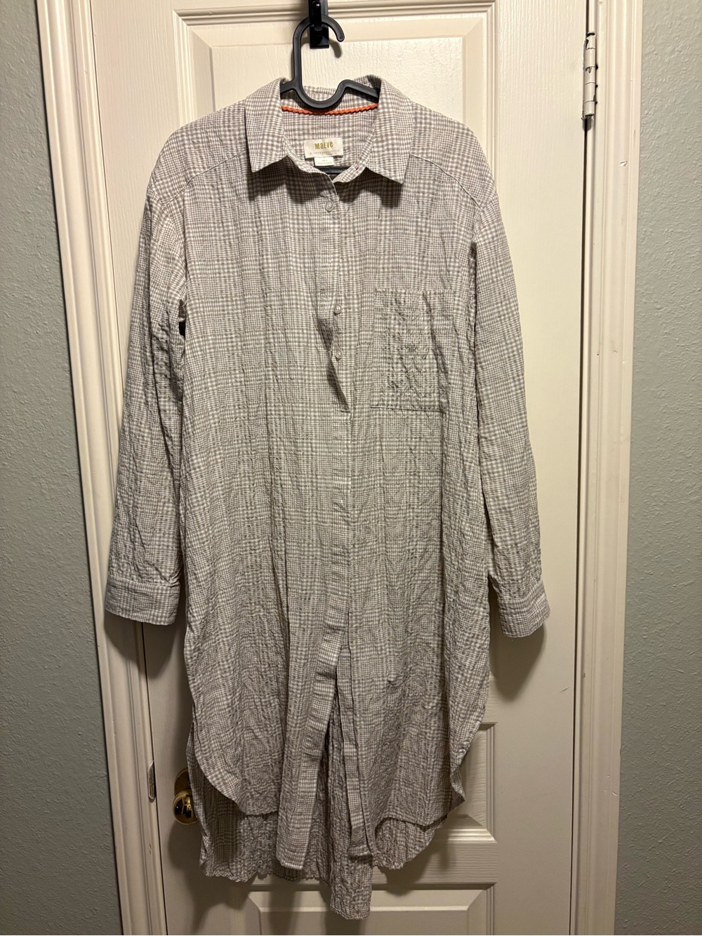 Maeve Light Beige Plaid Longline Button-Down Shirt Tunic Size Small